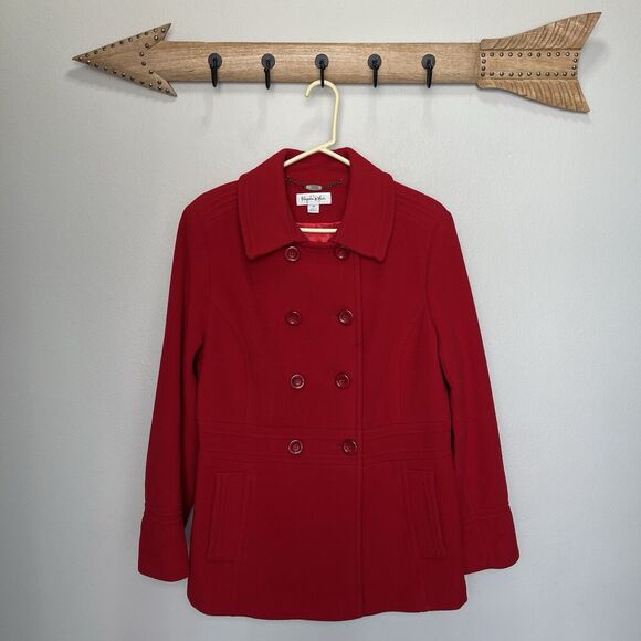 Preston & York | Red Wool & Nylon Pea Coat Double Breasted Pockets Size 14 - Picture 1 of 5
